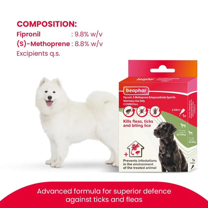 Beaphar Flea & Tick Spot On Combotec Fipronil/s-Methoprene | Kills Fleas, Ticks and Biting Lice | 2.68 ML Single Pipette for Large Dog Beaphar
