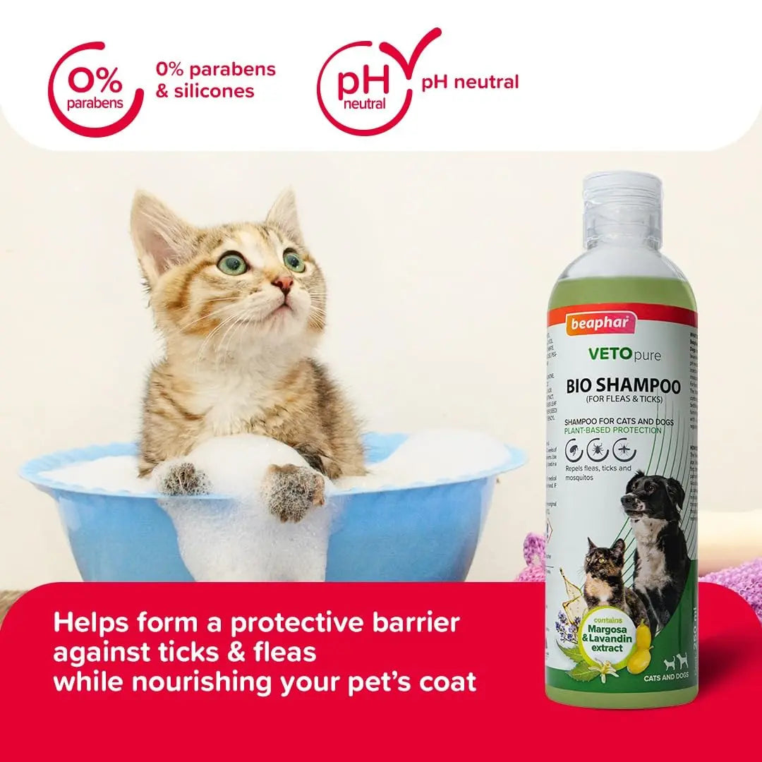 Beaphar Veto Pure BIO Shampoo for Dogs and Cats | Ticks, Fleas and Biting Lice Remover Shampoo with Margosa & Lavandin - 250 ML Beaphar