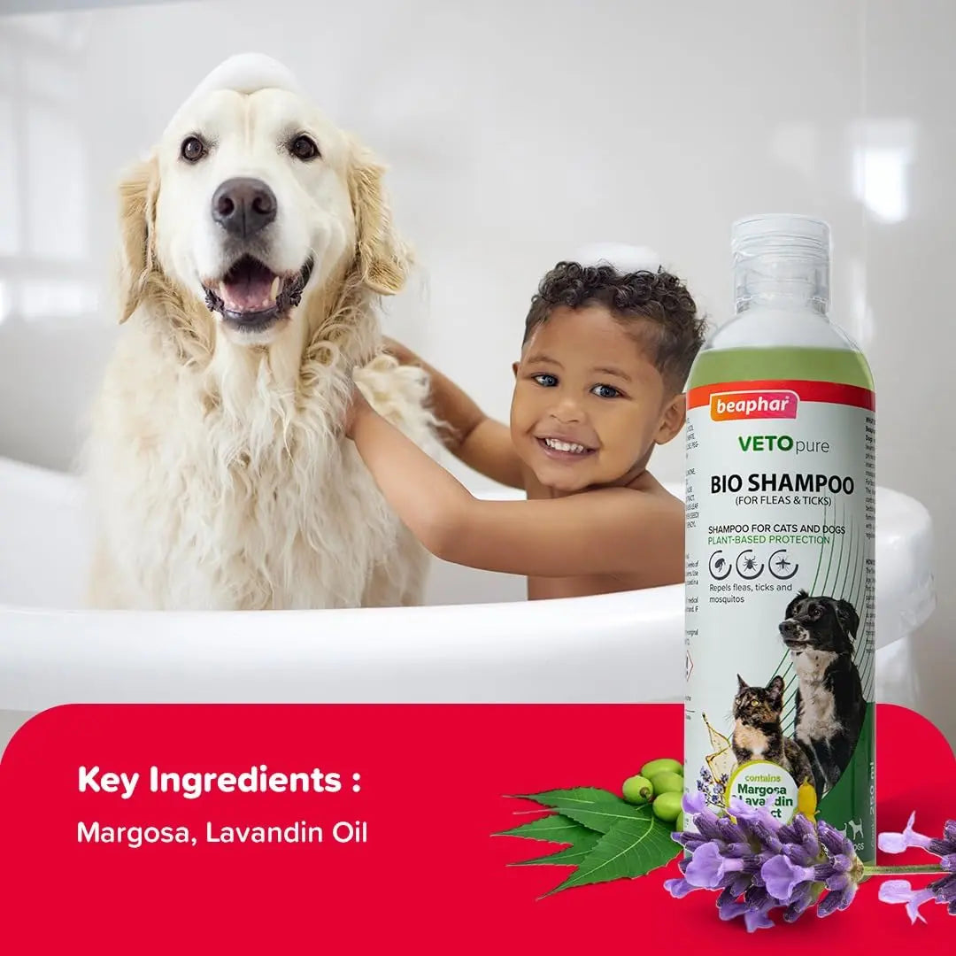 Beaphar Veto Pure BIO Shampoo for Dogs and Cats | Ticks, Fleas and Biting Lice Remover Shampoo with Margosa & Lavandin - 250 ML Beaphar