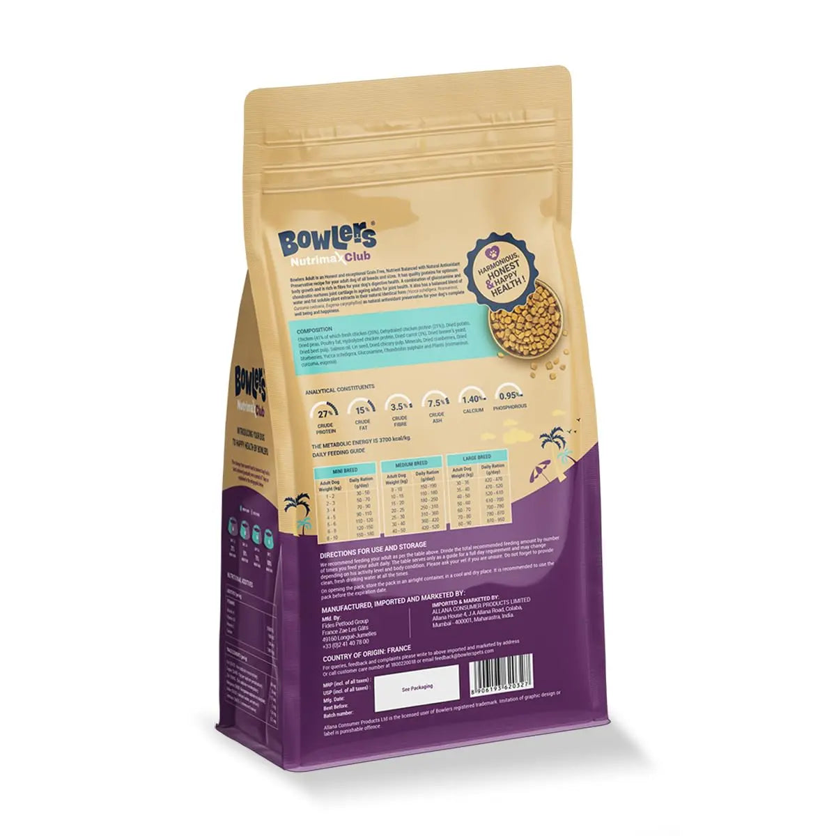 Bowlers Nutrimax Club Adult Dry Dog Food | Chicken & Vegetables | 1.2 Kg |100% Grain Free | 40% Reduction in Cell Damage | Reduced Risk of Diabetes | 3X Reduction in Stool Odour Bowlers