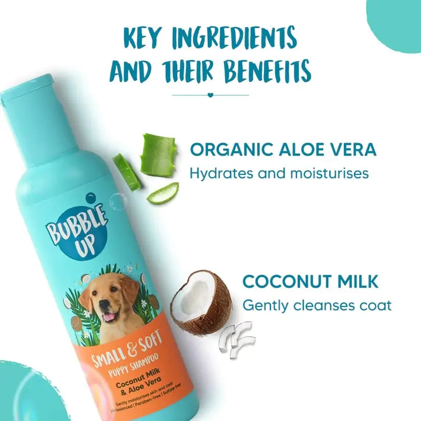 Bubble Up Coconut Milk & Aloe Vera Puppy Shampoo - 200ml | Pet Shampoo for Dogs | Oatmeal Enriched | Best for Shih Tzu, Labrador, Golden Retriever, German Shepherd & All Breeds Heads Up For Tails