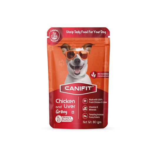 CANIFIT Adult Wet Dog Food | 1+ Year with Real Chicken & Liver in Gravy | Fresh Ingredients | All Breed Dog Food | (960 GM,Pack of 10 Pouches + 2 Pouches Free (12 x 80g) 960 GM CANIFIT