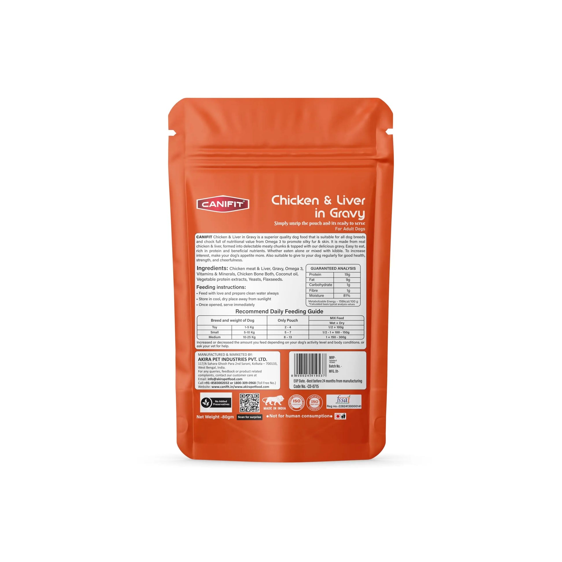 CANIFIT Adult Wet Dog Food | 1+ Year with Real Chicken & Liver in Gravy | Fresh Ingredients | All Breed Dog Food | (960 GM,Pack of 10 Pouches + 2 Pouches Free (12 x 80g) 960 GM CANIFIT