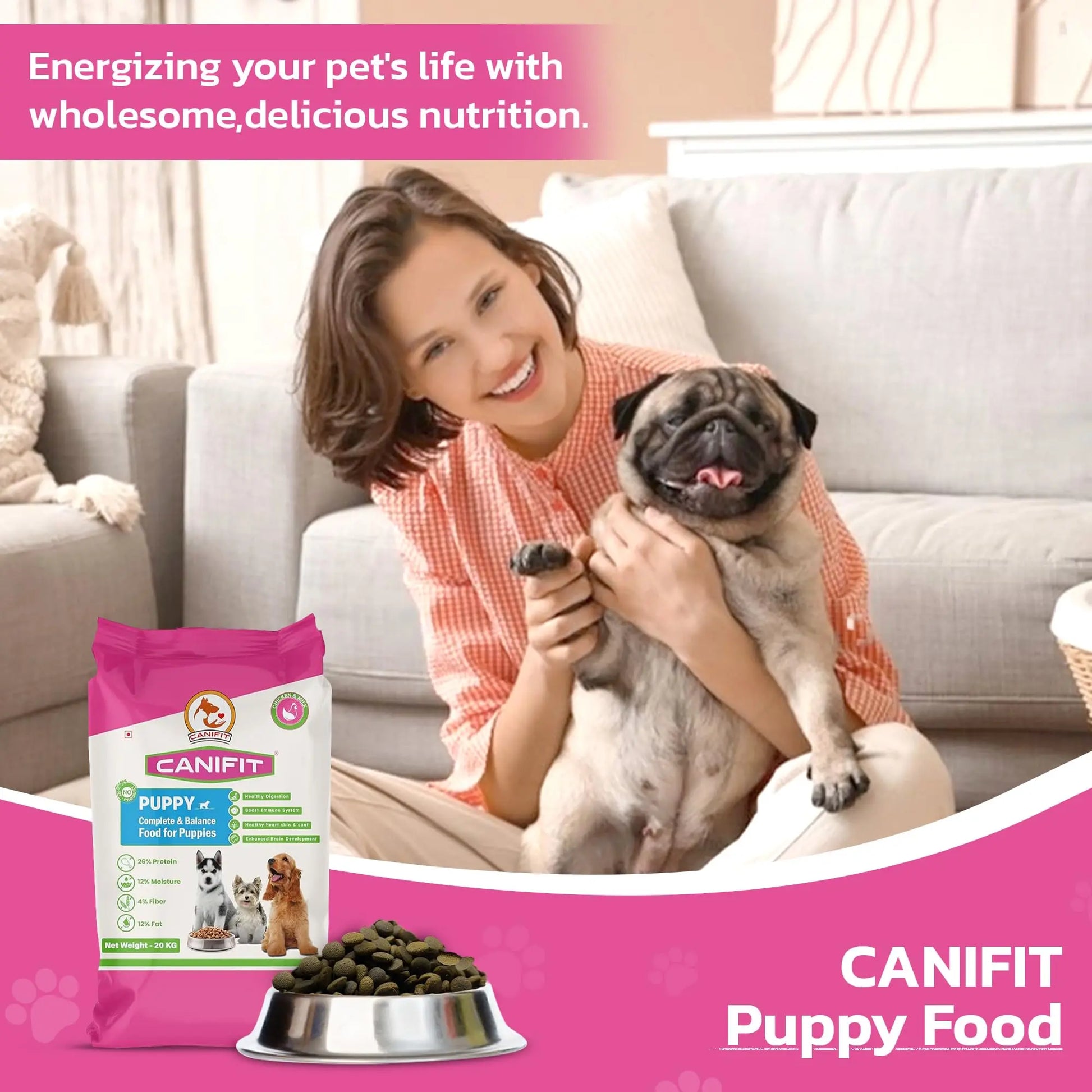 CANIFIT Puppy Dog Food (Chicken & Milk) 20 KG- Enriched with Chicken and Milk for Healthy Growth, Ideal for Puppy Dogs- Pet Food for All Breed Dogs CANIFIT