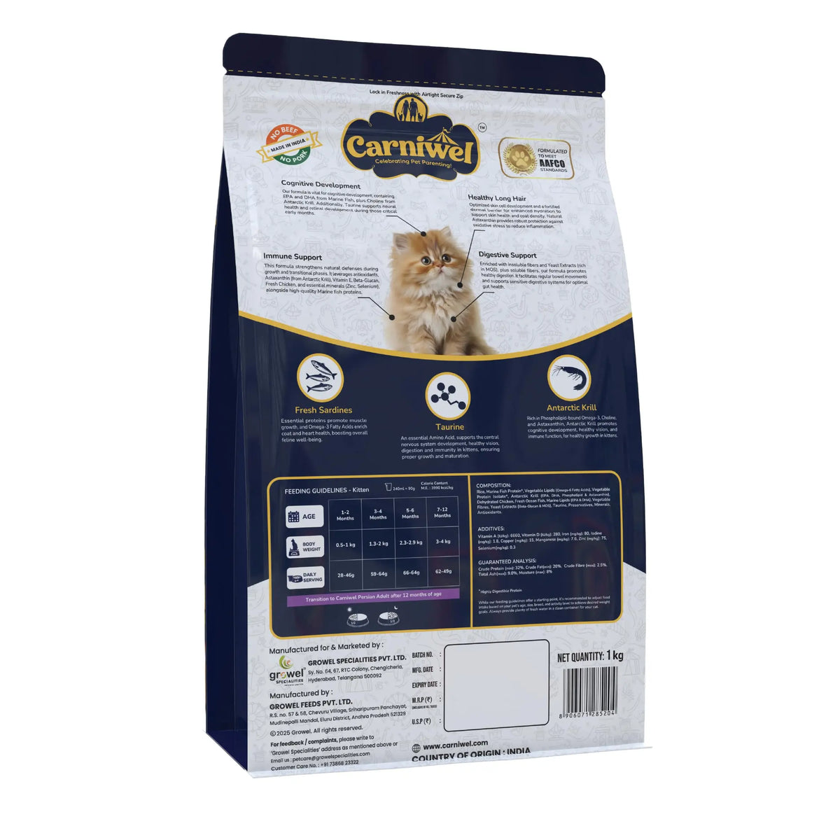 Carniwel Persian Kitten Dry Cat Food with Antarctic Krill | 3X Healthy Skin & Coat | Easy Digestion & Hairball Reduction, 1Kg Carniwel