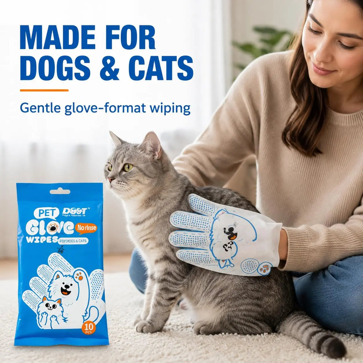 Dogs & Tiddles No-Rinse Pet Grooming Glove Wipes Pack of 10, Disposable Deodorizing Bath and Cleaning Wipes for Dogs and Cats Dogs & Tiddles