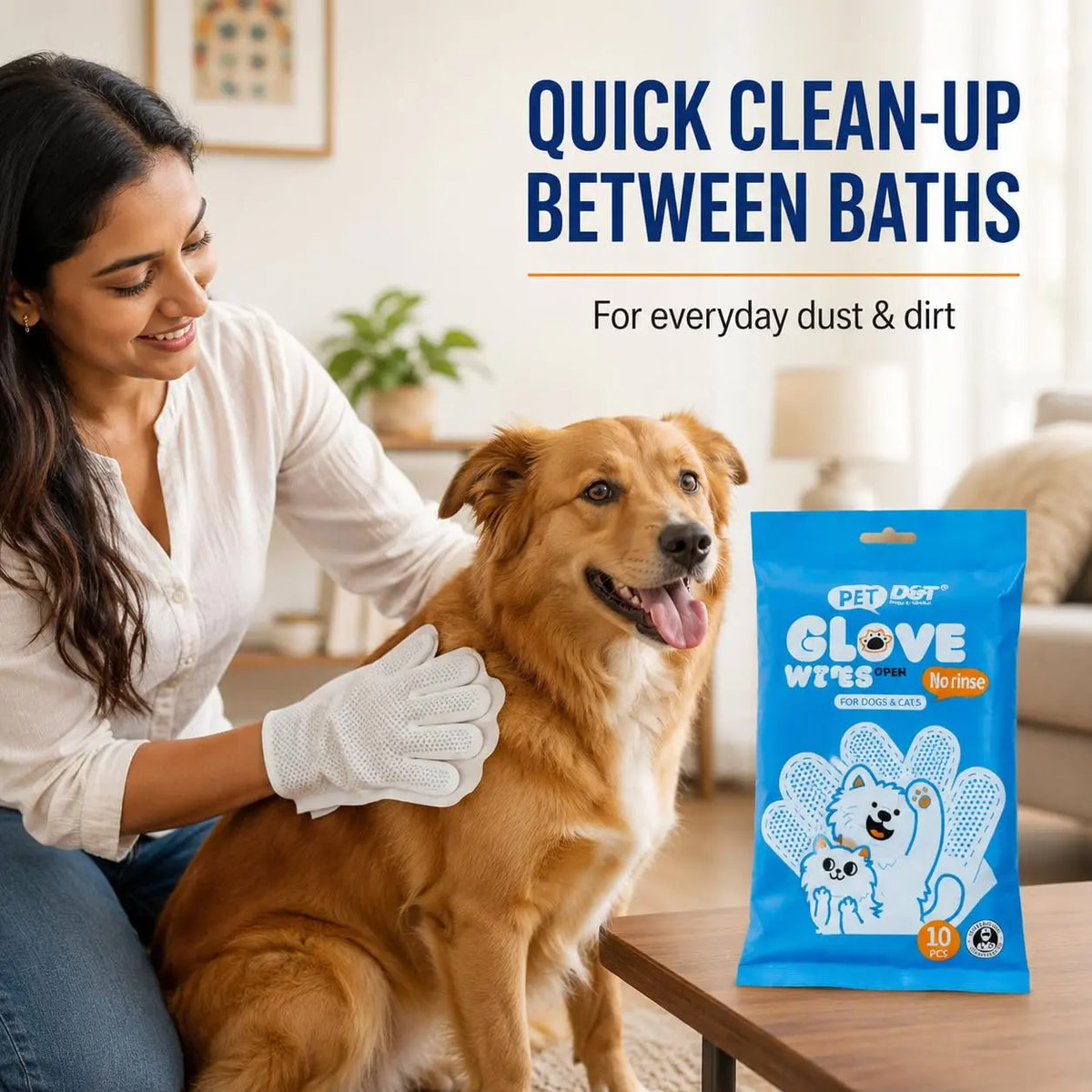 Dogs & Tiddles No-Rinse Pet Grooming Glove Wipes Pack of 10, Disposable Deodorizing Bath and Cleaning Wipes for Dogs and Cats Dogs & Tiddles