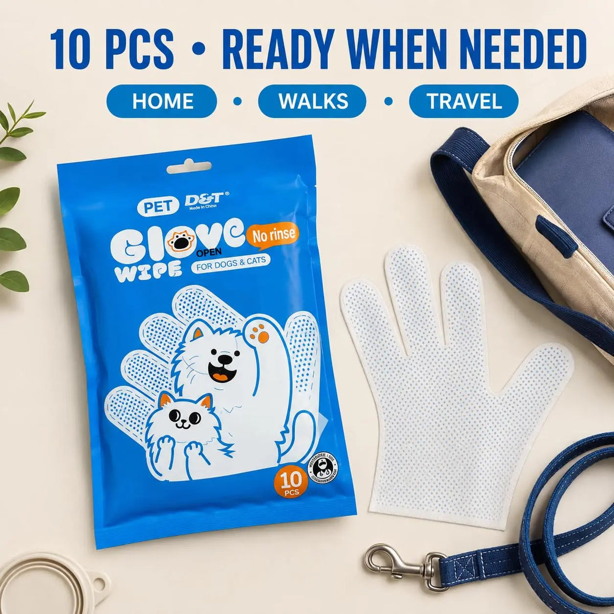 Dogs & Tiddles No-Rinse Pet Grooming Glove Wipes Pack of 10, Disposable Deodorizing Bath and Cleaning Wipes for Dogs and Cats Dogs & Tiddles
