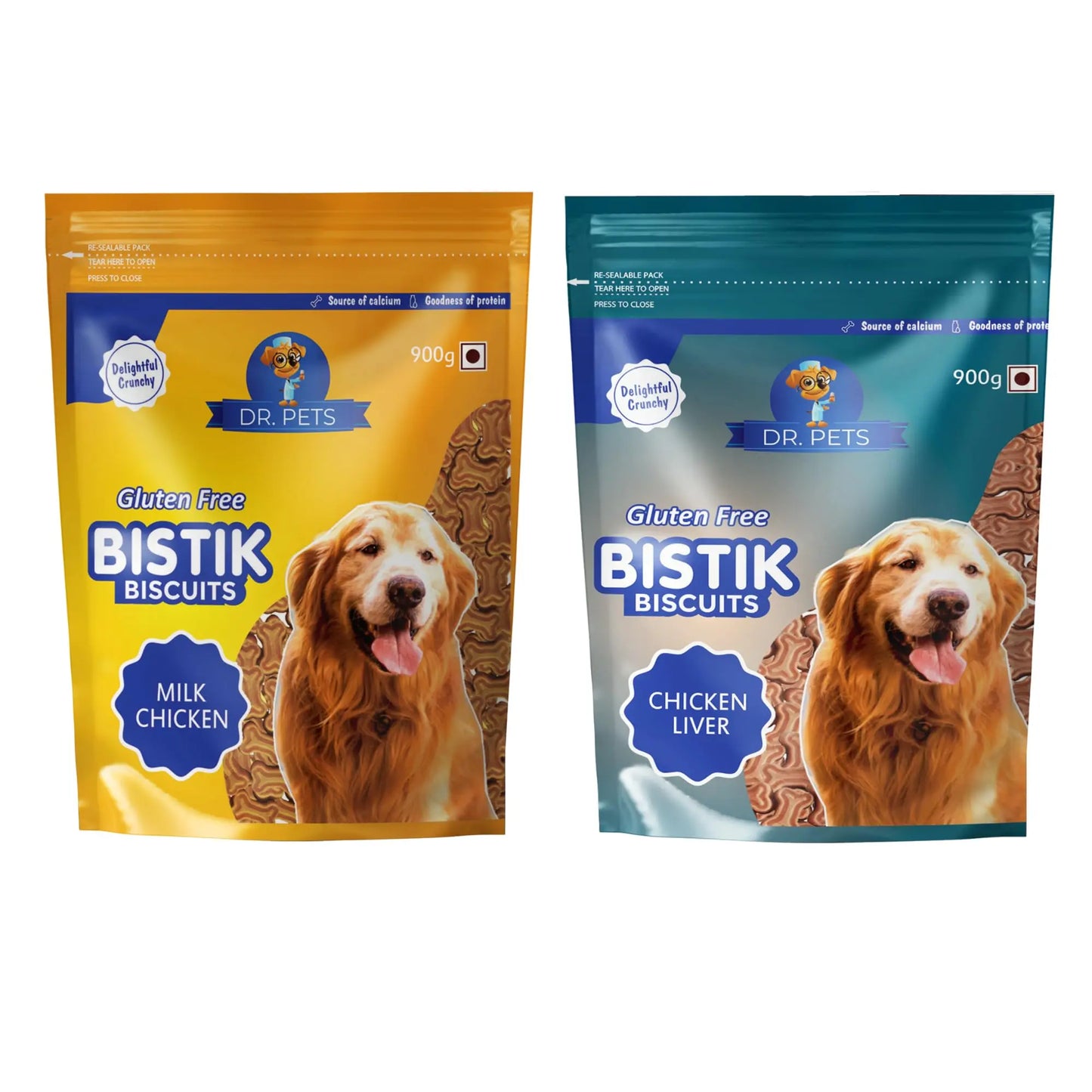 Dr.Pets Bistik Dog Food Treat - Dog Biscuits for Adult Dog & Puppy, Gluten Free Healthy Treats with Fresh & Natural Ingredients, Milk Chicken & Chicken Lever Flavor 900g Each (Combo Pack) Dr.Pets