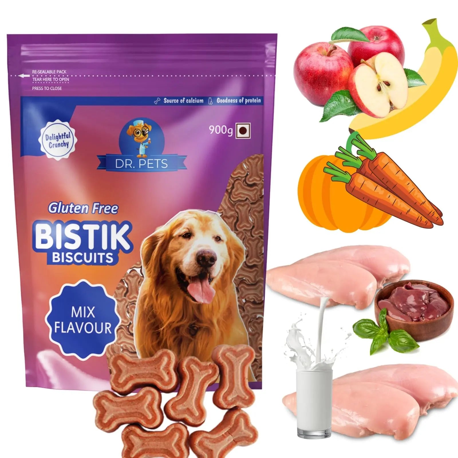 Dr.Pets Bistik Dog Food Treat - Dog Biscuits for Adult Dog & Puppy, Gluten Free Healthy Treats with Fresh & Natural Ingredients, Mix Flavor 900g Pack of 1 Dr.Pets