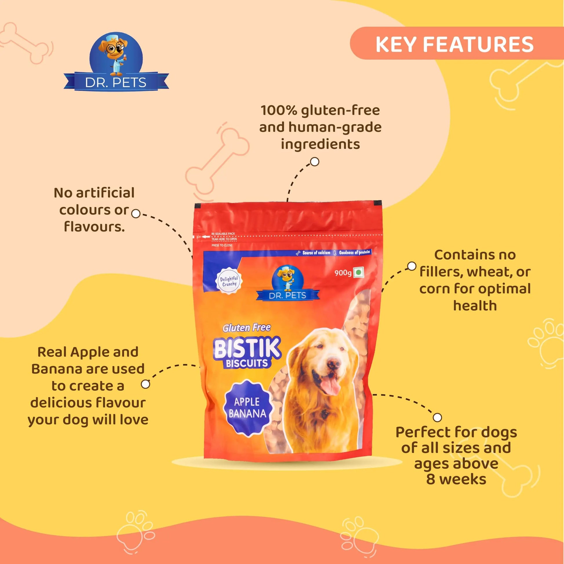 Dr.Pets Bistik | Dog Biscuits for Adult Dog & Puppy Biscuits | Banana Oats, Apple Banana Flavor | Gluten Free, Non Veg Treats with Natural Ingredients | Healthy Snacks for Dogs | 900g Each (Pack 2) Dr.Pets