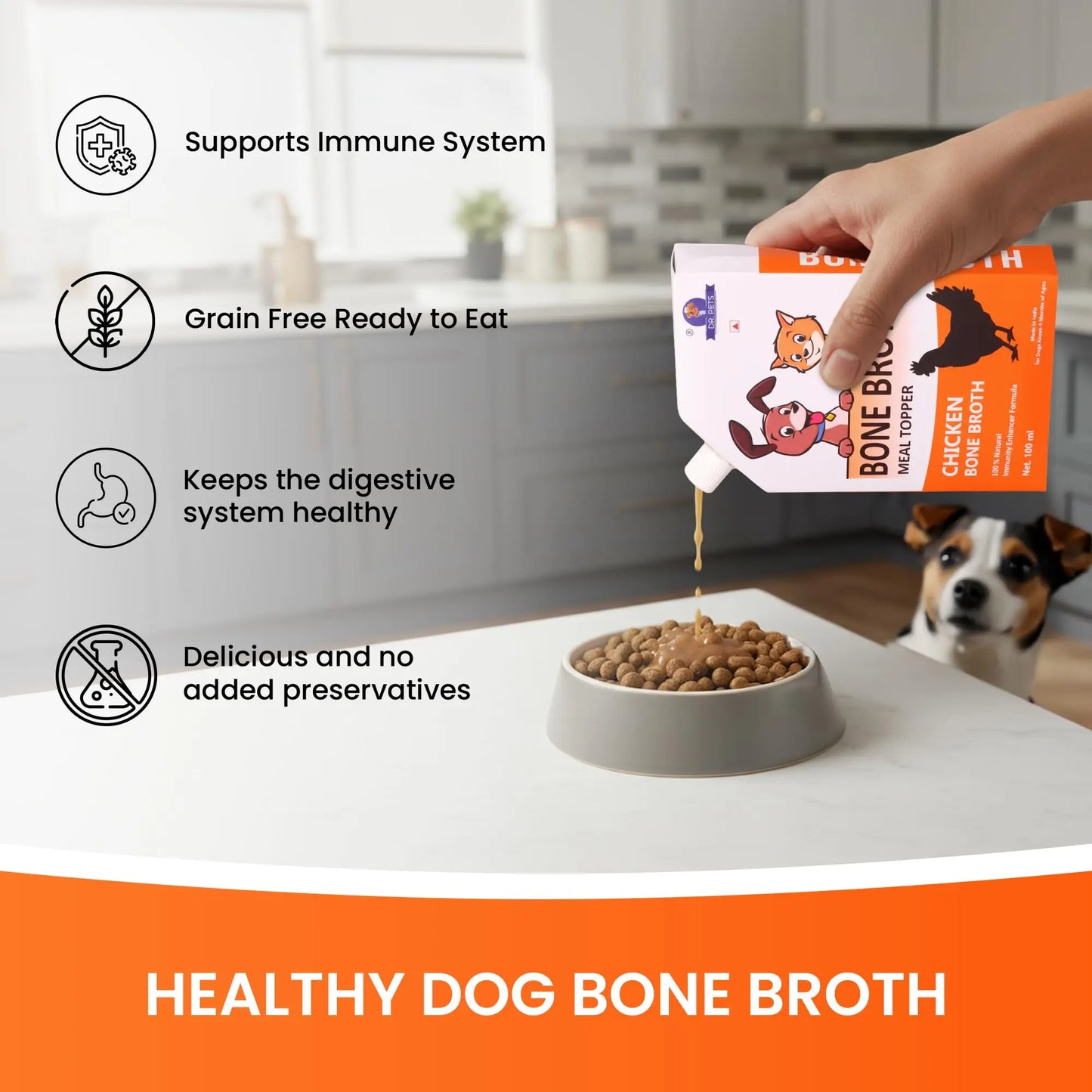 Dr.Pets Chicken Bone Broth for Dogs & Cats, Dog Food Meal Topper, Human Grade Preservative Free, Dog Treats for All Life Stages, Natural Supplements, Pack of 3 (100 ML) Dr.Pets