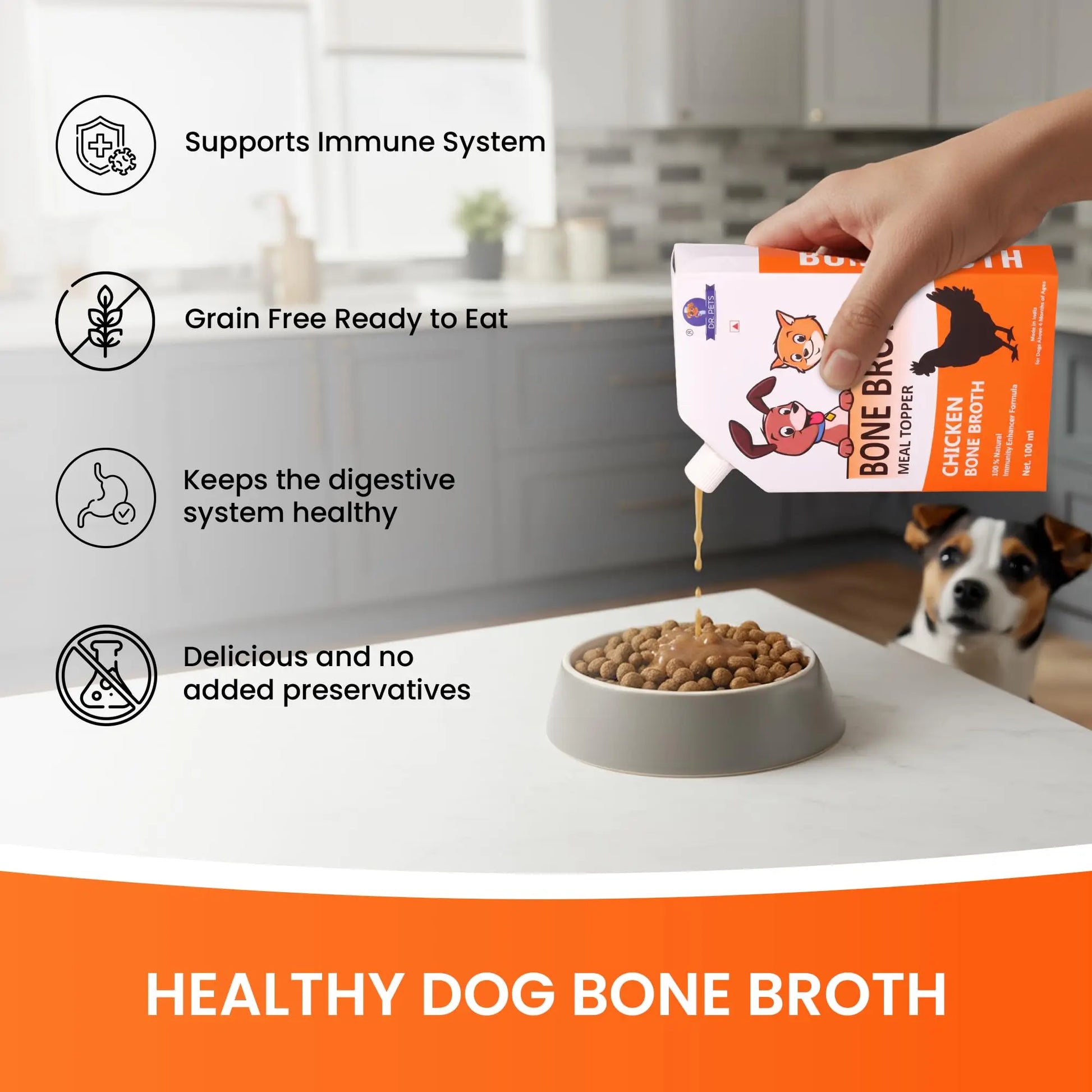 Dr.Pets Chicken Bone Broth for Dogs & Cats, Dog Food Meal Topper, Human Grade Preservative Free, Dog Treats for All Life Stages, Natural Supplements, Pack of 3 (100 ML) Dr.Pets