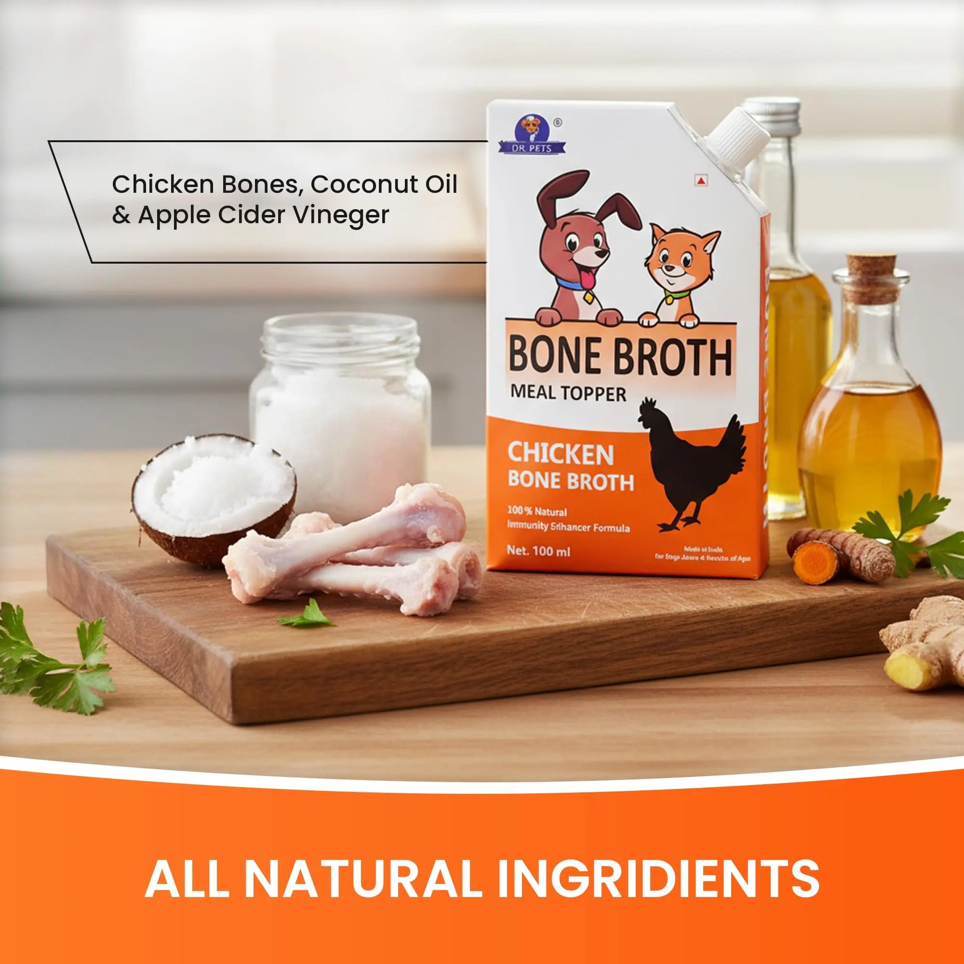 Dr.Pets Chicken Bone Broth for Dogs & Cats, Dog Food Meal Topper, Human Grade Preservative Free, Dog Treats for All Life Stages, Natural Supplements, Pack of 3 (100 ML) Dr.Pets