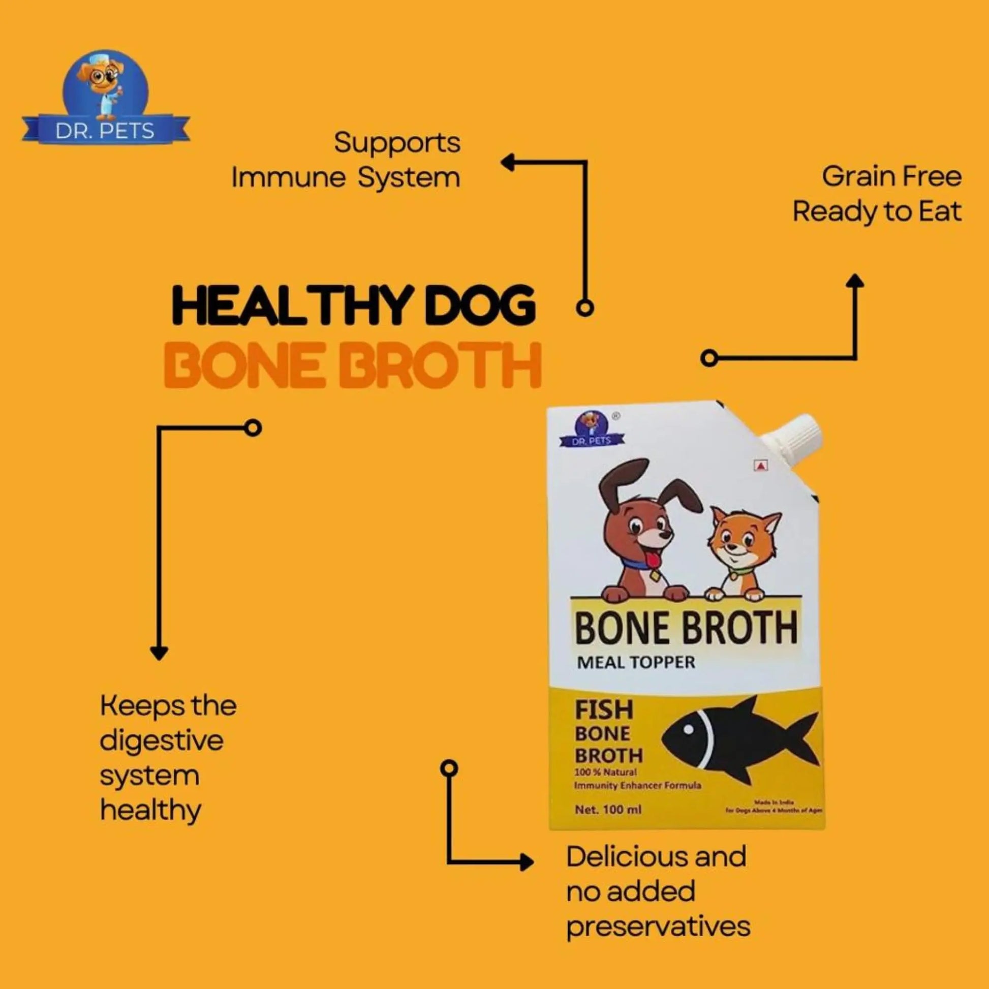 Dr.Pets Fish Bone Broth for Cats & Dogs (100ml X 4 Pack) Food Topper, Human Grade Preservative Free, Cat/Dog Wet Food Soup for All Life Stages, Natural Supplements with Natural Collagen. Dr.Pets