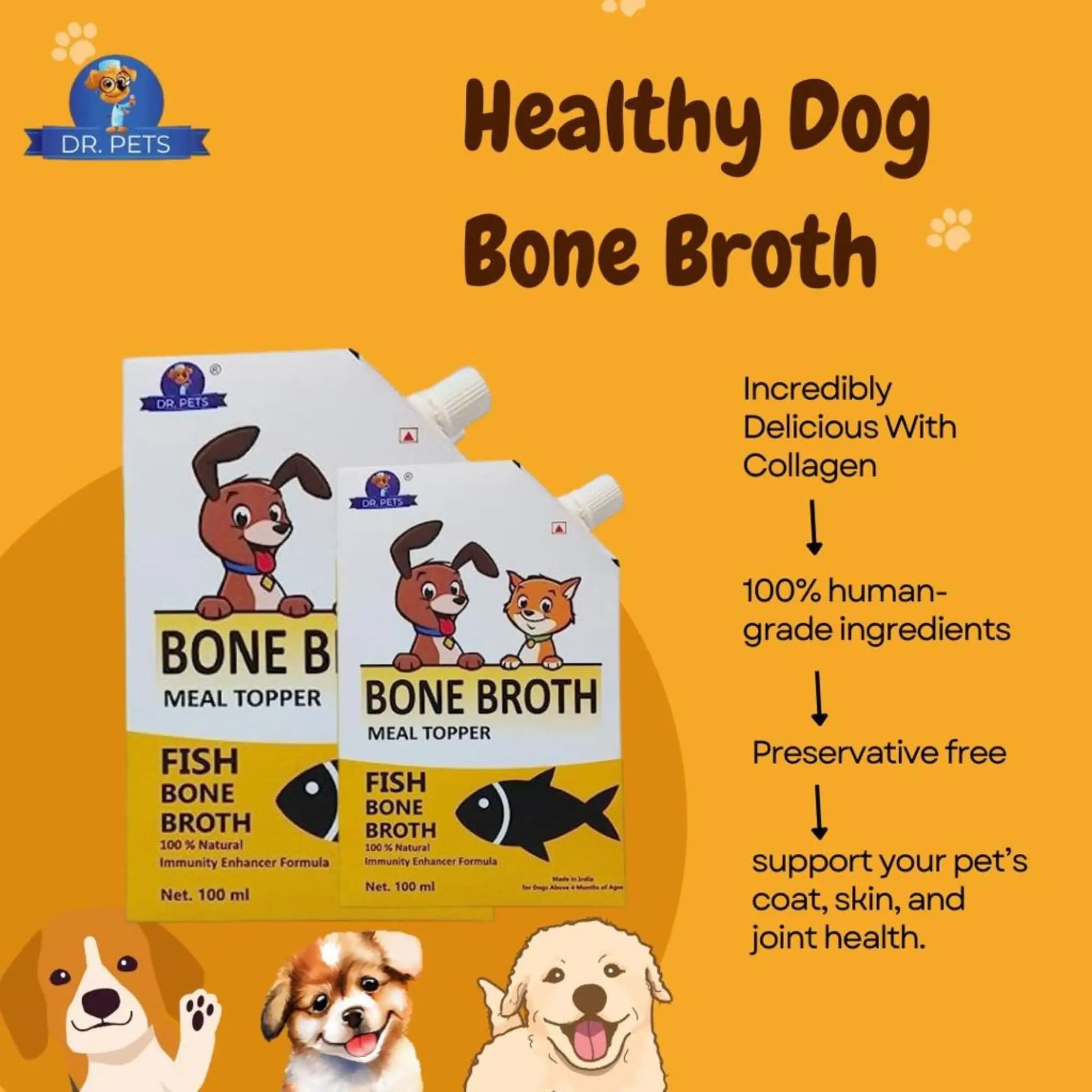 Dr.Pets Fish Bone Broth for Cats & Dogs (100ml X 4 Pack) Food Topper, Human Grade Preservative Free, Cat/Dog Wet Food Soup for All Life Stages, Natural Supplements with Natural Collagen. Dr.Pets