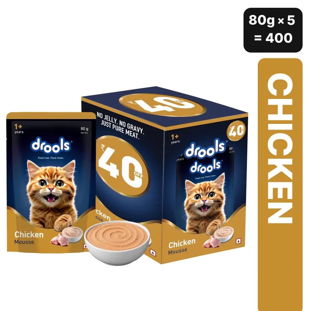 Drools Adult Cat Wet Mousse 80g Pack of 5, Total 400g | Chicken Flavour | Rich in Protein | Promotes Hydration & Easy to Digest | Packed with Essential Vitamins & Antioxidants Drools