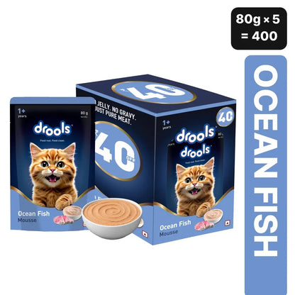 Drools Adult Cat Wet Mousse 80g Pack of 5, Total 400g | Ocean Fish Flavour | Rich in Protein, Hydrating & Easy to Digest | Essential Vitamins & Antioxidants Drools