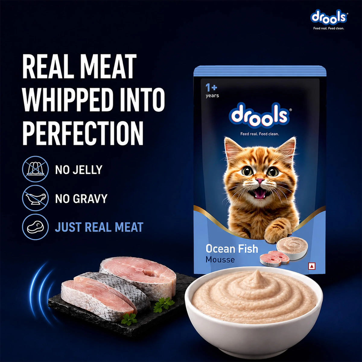 Drools Adult Cat Wet Mousse 80g Pack of 5, Total 400g | Ocean Fish Flavour | Rich in Protein, Hydrating & Easy to Digest | Essential Vitamins & Antioxidants Drools