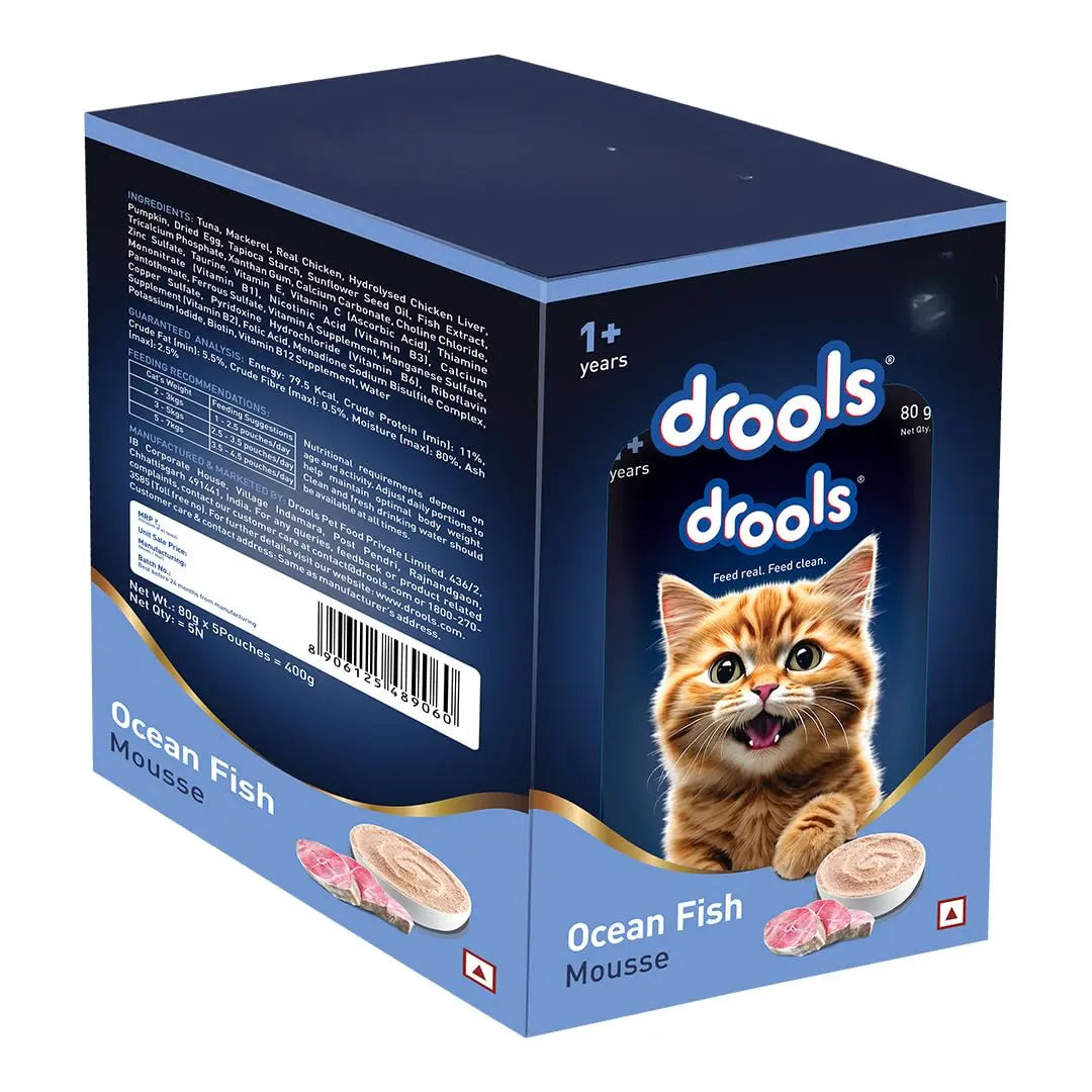 Drools Adult Cat Wet Mousse 80g Pack of 5, Total 400g | Ocean Fish Flavour | Rich in Protein, Hydrating & Easy to Digest | Essential Vitamins & Antioxidants Drools