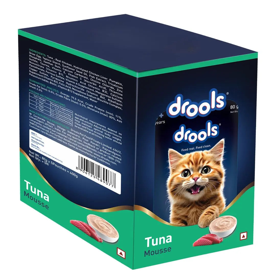 Drools Adult Cat Wet Mousse 80g Pack of 5, Total 400g | Tuna Flavour | Rich in Protein | Promotes Hydration & Easy to Digest | Packed with Essential Vitamins & Antioxidants Drools