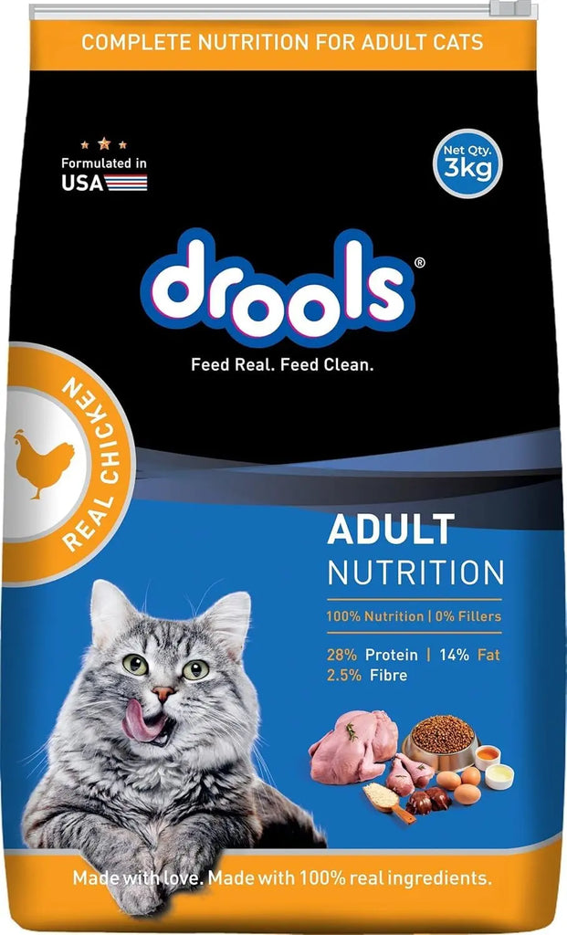 Drools Adult Dry Cat Food 3kg | Real Chicken | Skin Health | Hairball Protection | Vision Support | Complete Nutrition Drools