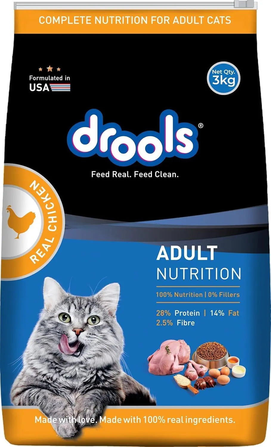 Drools Adult Dry Cat Food 3kg | Real Chicken | Skin Health | Hairball Protection | Vision Support | Complete Nutrition Drools