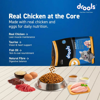 Drools Adult Dry Cat Food 3kg | Real Chicken | Skin Health | Hairball Protection | Vision Support | Complete Nutrition Drools
