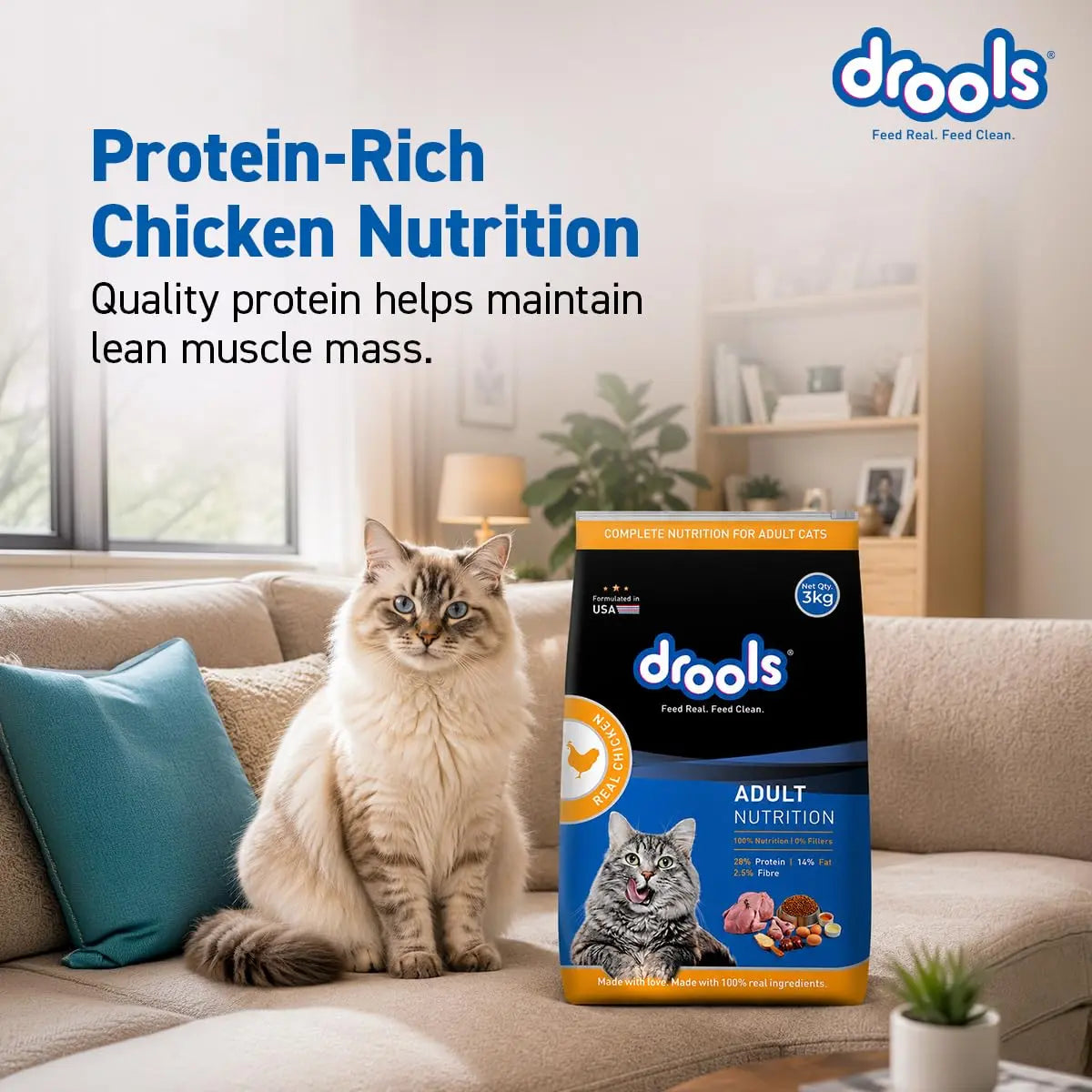 Drools Adult Dry Cat Food 3kg | Real Chicken | Skin Health | Hairball Protection | Vision Support | Complete Nutrition Drools