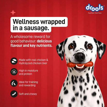 Drools Adult & Puppy Sausage for Dog, 450g | Chicken Flavour | High Protein | Treat & Food Topper | Grain Free | Best for Training & Bonding | No Preservatives Drools
