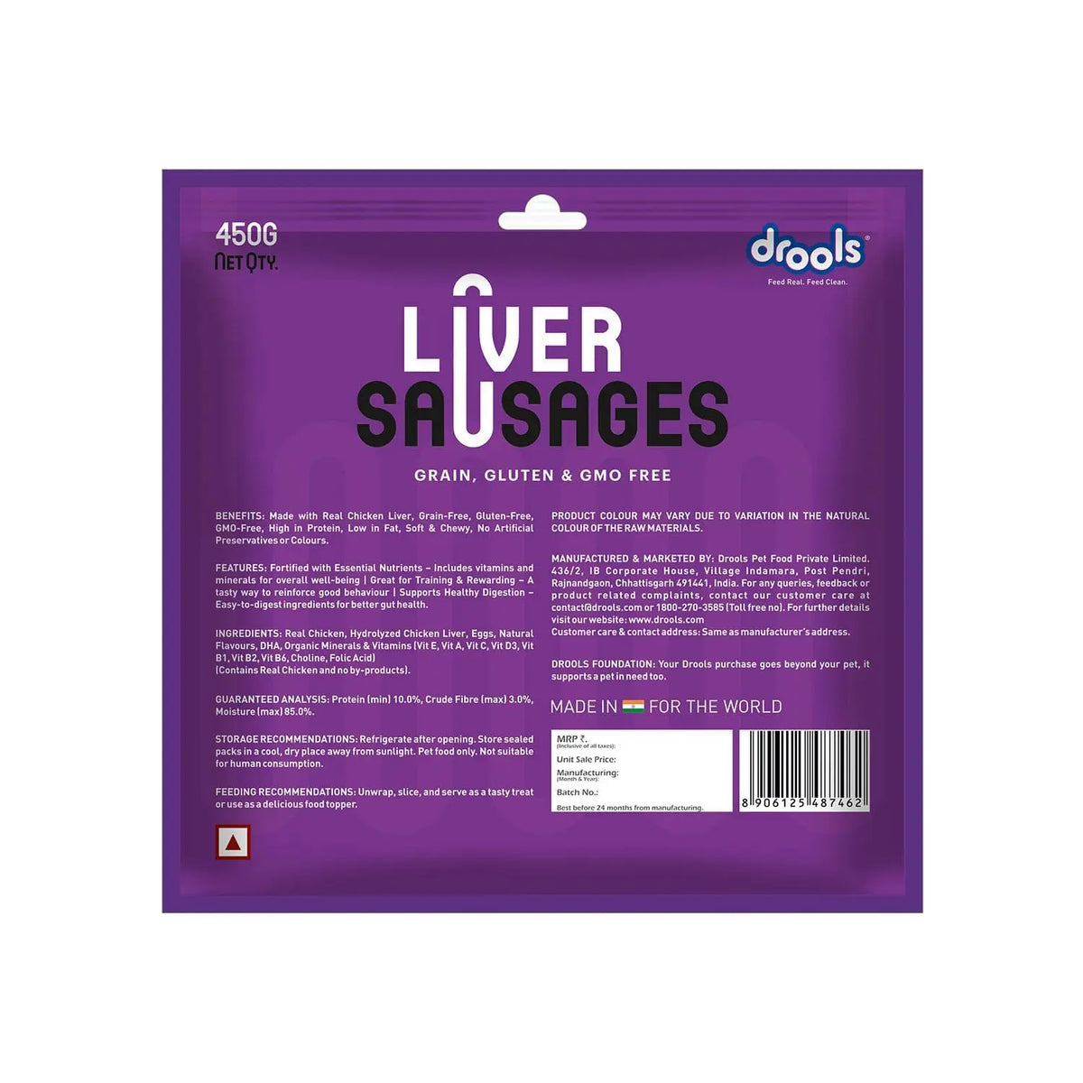 Drools Adult & Puppy Sausage for Dog, 450g | Liver Flavour | High Protein | Treat & Food Topper | Grain Free | Best for Training & Bonding | No Preservatives Drools