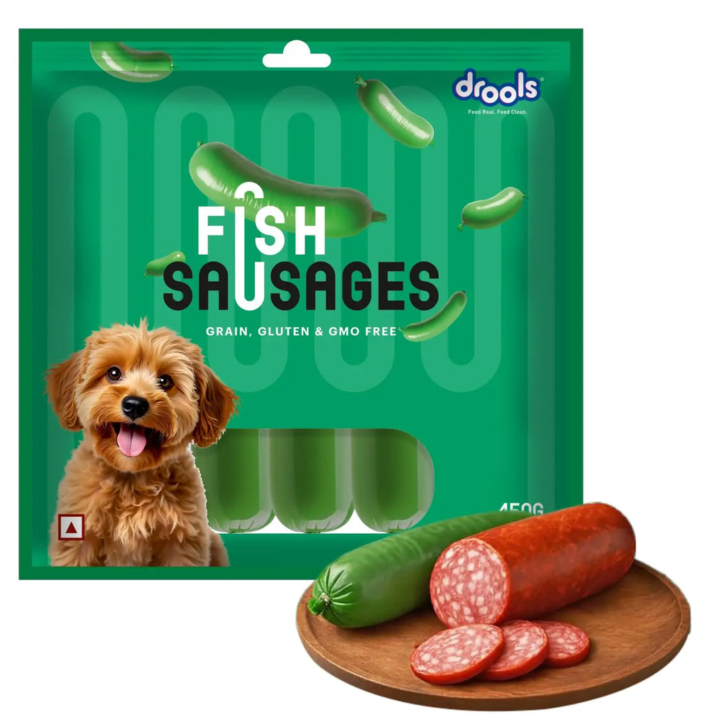 Drools Adult & Puppy Sausage for Dog, 450g | Real Fish Flavour | High Protein | Treat & Food Topper | Grain Free | Best for Training & Bonding | No Preservatives Drools