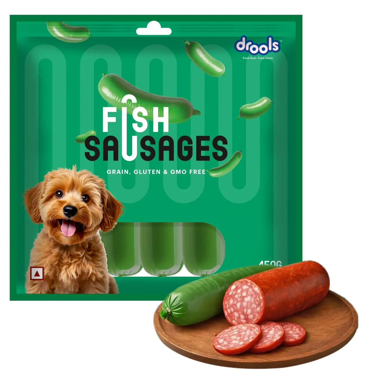 Drools Adult & Puppy Sausage for Dog, 450g | Real Fish Flavour | High Protein | Treat & Food Topper | Grain Free | Best for Training & Bonding | No Preservatives Drools