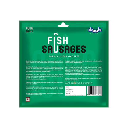 Drools Adult & Puppy Sausage for Dog, 450g | Real Fish Flavour | High Protein | Treat & Food Topper | Grain Free | Best for Training & Bonding | No Preservatives Drools