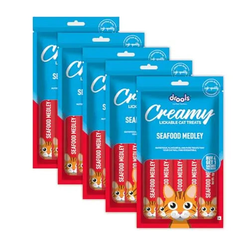 Drools Creamy Lickable Cat Treat Seafood Medely (Pack of 5 Pouches, 375g), All Life Stages Drools