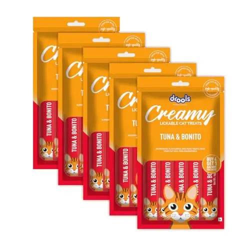 Drools Creamy Lickable Cat Treat Tuna Bonito, All Life Stages (Pack of 5 Pouches, 375g) Drools