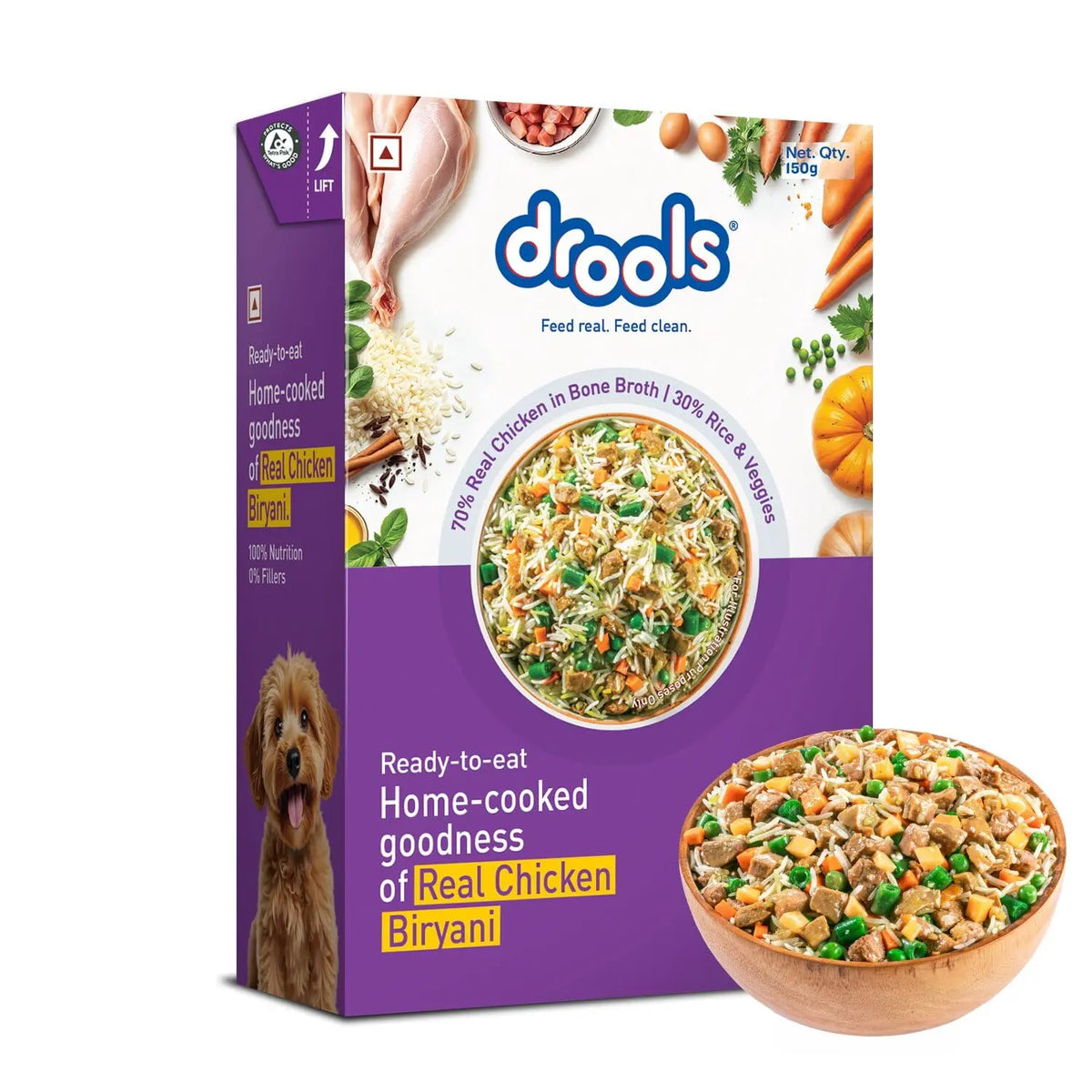 Drools Dog Fresh Food Tetra Pak Real Chicken Biryani, for Adult & Puppy, 150g | High Protein, 90% Real Meat | No Preservatives | Retains Freshness & Flavours | Ready to Serve | One Pack Per Meal Drools