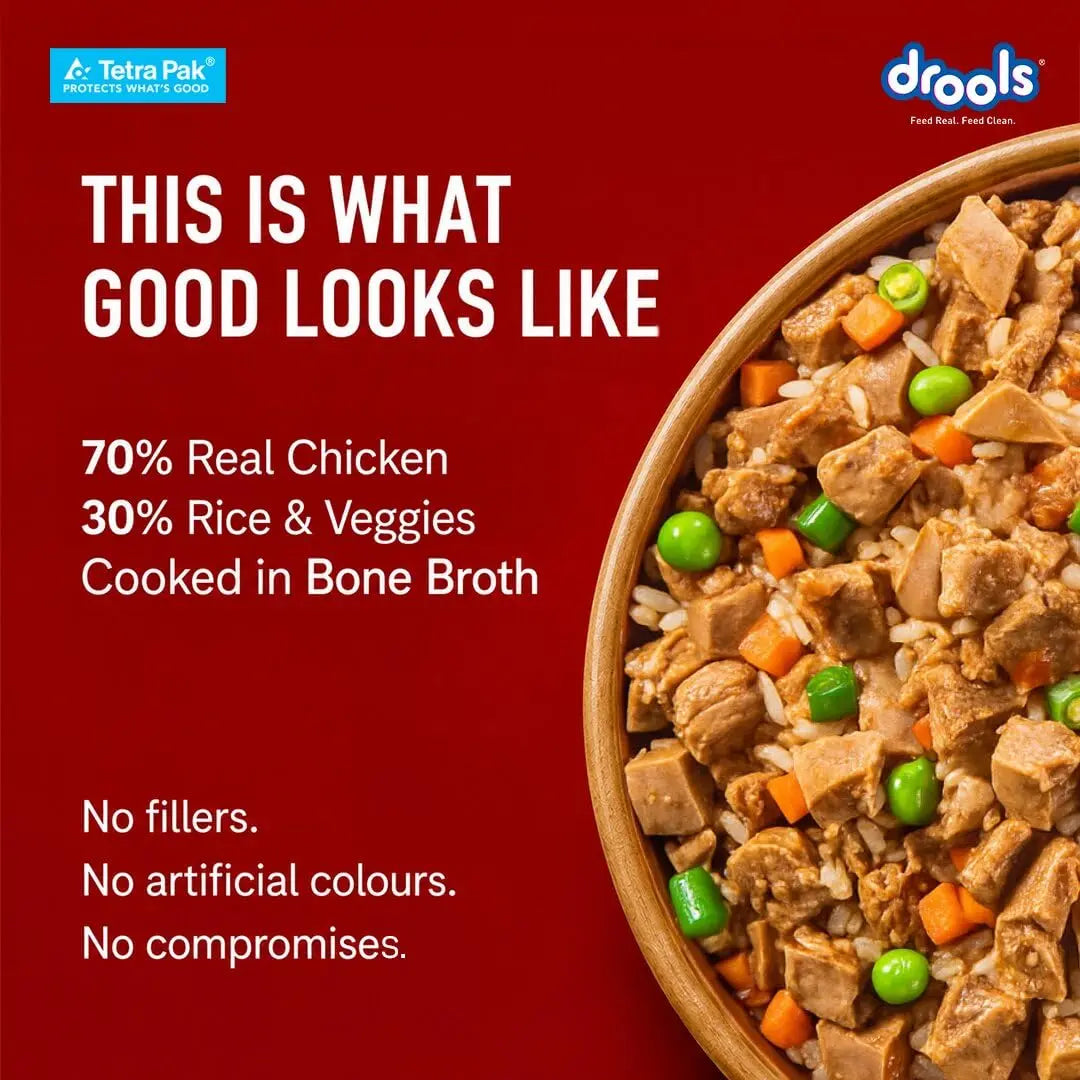 Drools Dog Fresh Food Tetra Pak Real Chicken Biryani, for Adult & Puppy, 150g | High Protein, 90% Real Meat | No Preservatives | Retains Freshness & Flavours | Ready to Serve | One Pack Per Meal Drools