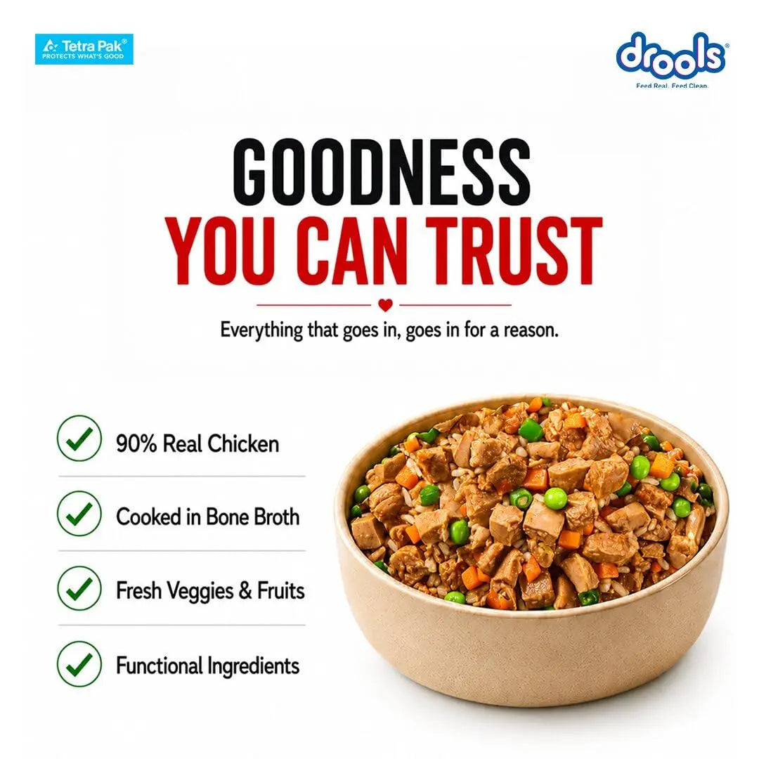 Drools Dog Fresh Food Tetra Pak Real Chicken Biryani, for Adult & Puppy, 150g | High Protein, 90% Real Meat | No Preservatives | Retains Freshness & Flavours | Ready to Serve | One Pack Per Meal Drools