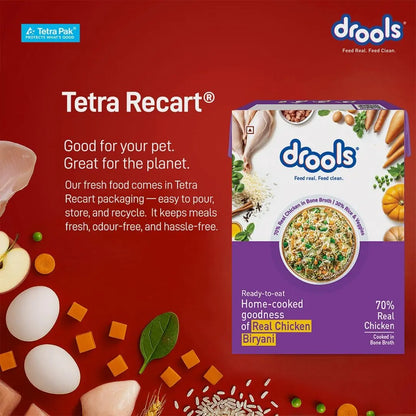 Drools Dog Fresh Food Tetra Pak Real Chicken Biryani, for Adult & Puppy, 150g | High Protein, 90% Real Meat | No Preservatives | Retains Freshness & Flavours | Ready to Serve | One Pack Per Meal Drools