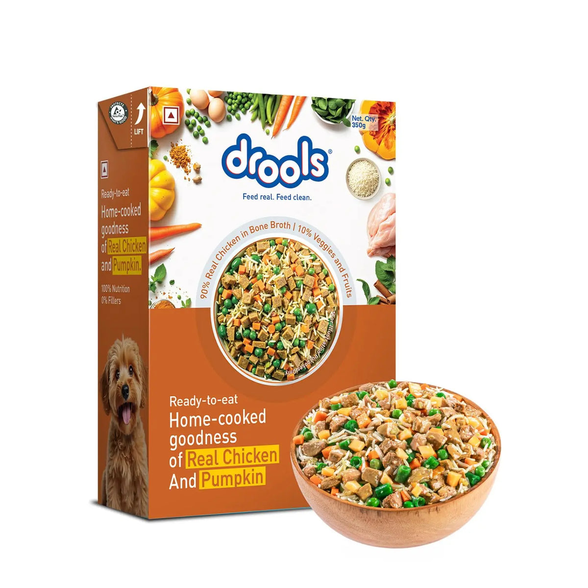 Drools Dog Fresh Food Tetra Pak Real Chicken & Pumpkin, for Adult & Puppy, 350g | High Protein, 90% Real Meat | No Preservatives | Retains Freshness & Flavours | Ready to Serve | One Pack Per Meal Drools
