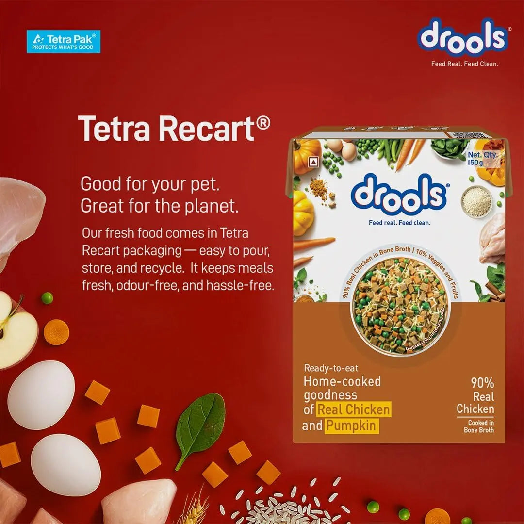 Drools Dog Fresh Food Tetra Pak Real Chicken & Pumpkin, for Adult & Puppy, 350g | High Protein, 90% Real Meat | No Preservatives | Retains Freshness & Flavours | Ready to Serve | One Pack Per Meal Drools