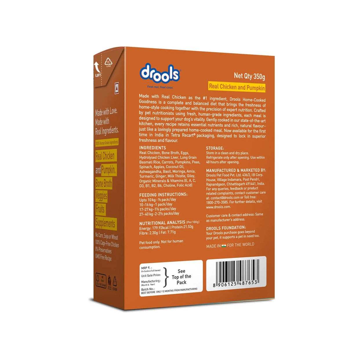 Drools Dog Fresh Food Tetra Pak Real Chicken & Pumpkin, for Adult & Puppy, 350g | High Protein, 90% Real Meat | No Preservatives | Retains Freshness & Flavours | Ready to Serve | One Pack Per Meal Drools