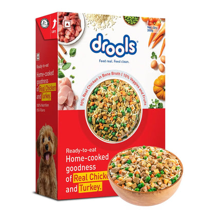 Drools Dog Fresh Food Tetra Pak Real Chicken & Turkey, for Adult & Puppy, 350g | High Protein, 90% Real Meat | No Preservatives | Retains Freshness & Flavours | Ready to Serve | One Pack Per Meal Drools