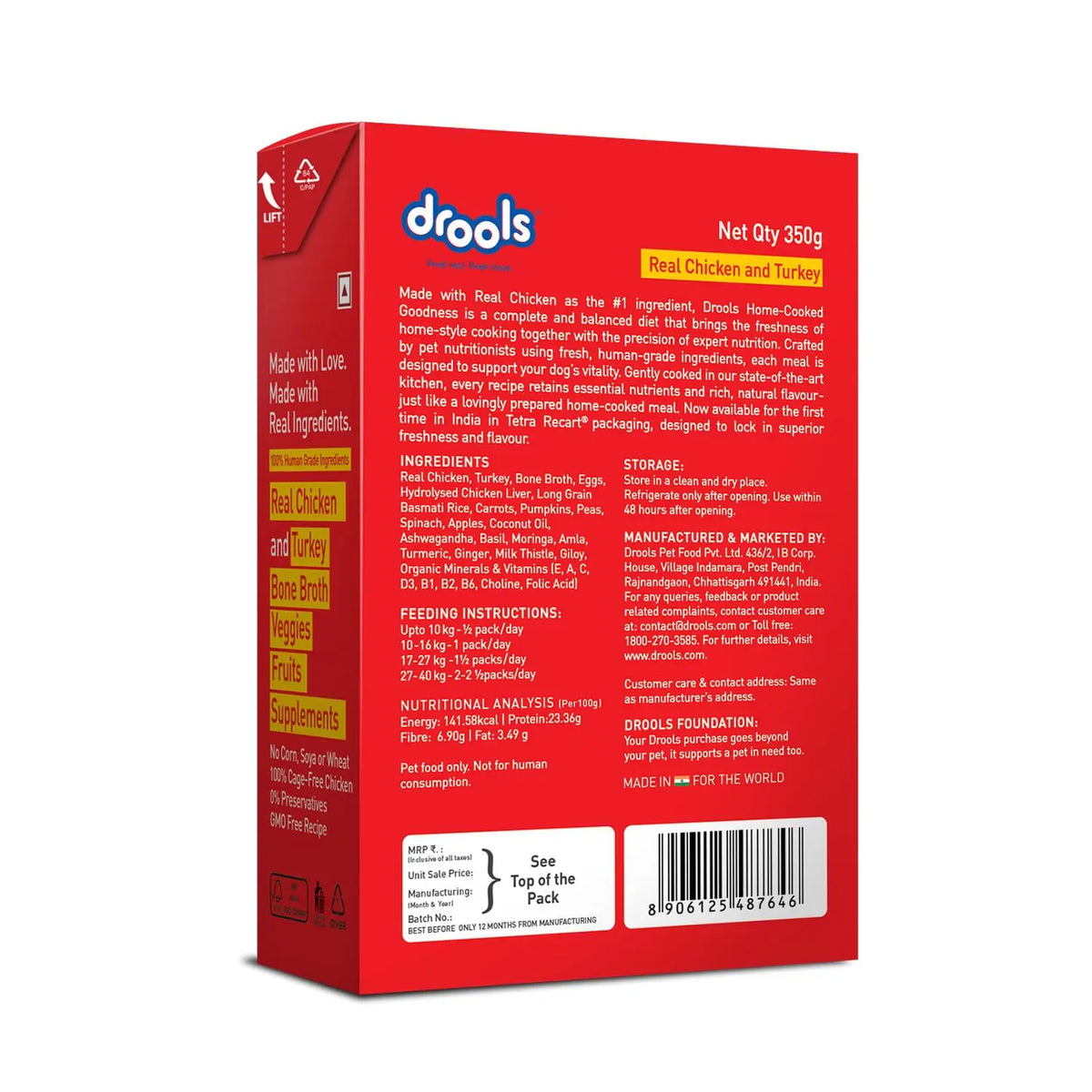 Drools Dog Fresh Food Tetra Pak Real Chicken & Turkey, for Adult & Puppy, 350g | High Protein, 90% Real Meat | No Preservatives | Retains Freshness & Flavours | Ready to Serve | One Pack Per Meal Drools