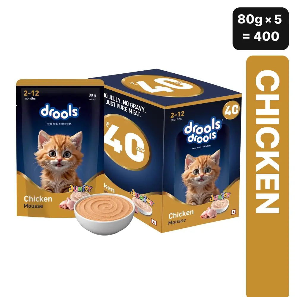 Drools Kitten Wet Mousse 80g Pack of 5, Total 400g | Chicken Flavour | Rich in Protein | Promotes Hydration & Easy to Digest | Packed with Essential Vitamins & Antioxidants Drools