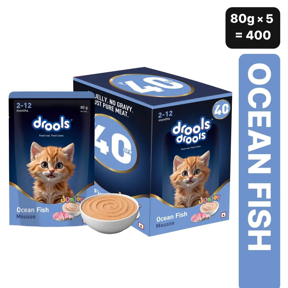 Drools Kitten Wet Mousse 80g Pack of 5, Total 400g | Ocean Fish Flavour | Rich in Protein, Hydrating & Easy to Digest | Essential Vitamins & Antioxidants Drools