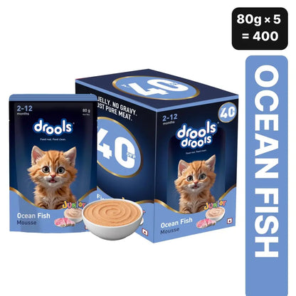 Drools Kitten Wet Mousse 80g Pack of 5, Total 400g | Ocean Fish Flavour | Rich in Protein, Hydrating & Easy to Digest | Essential Vitamins & Antioxidants Drools