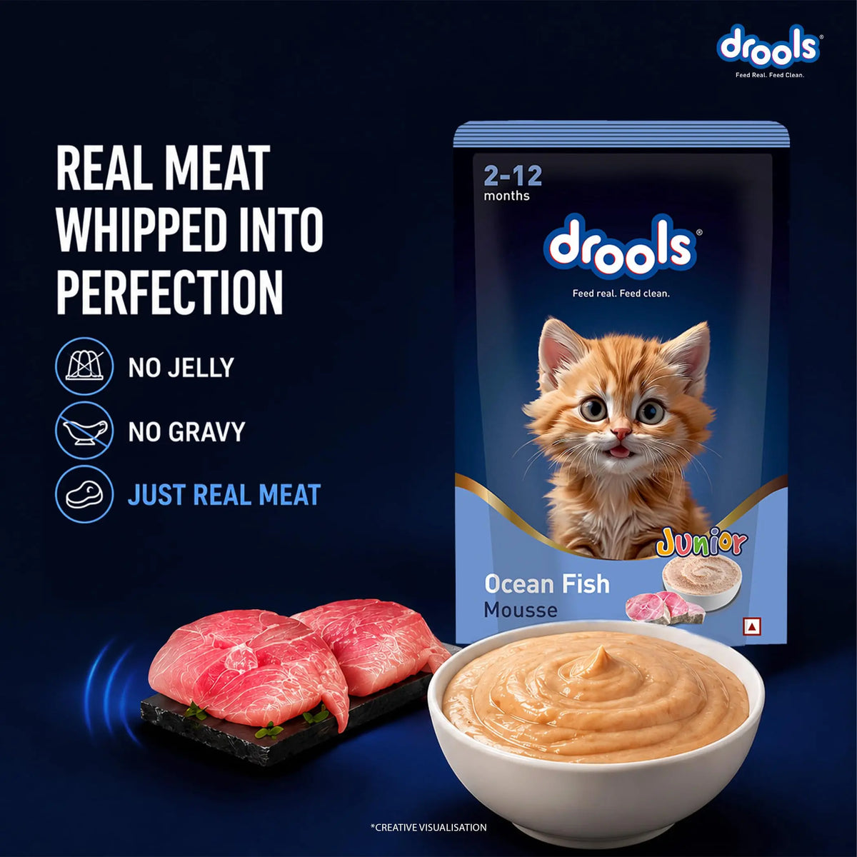 Drools Kitten Wet Mousse 80g Pack of 5, Total 400g | Ocean Fish Flavour | Rich in Protein, Hydrating & Easy to Digest | Essential Vitamins & Antioxidants Drools