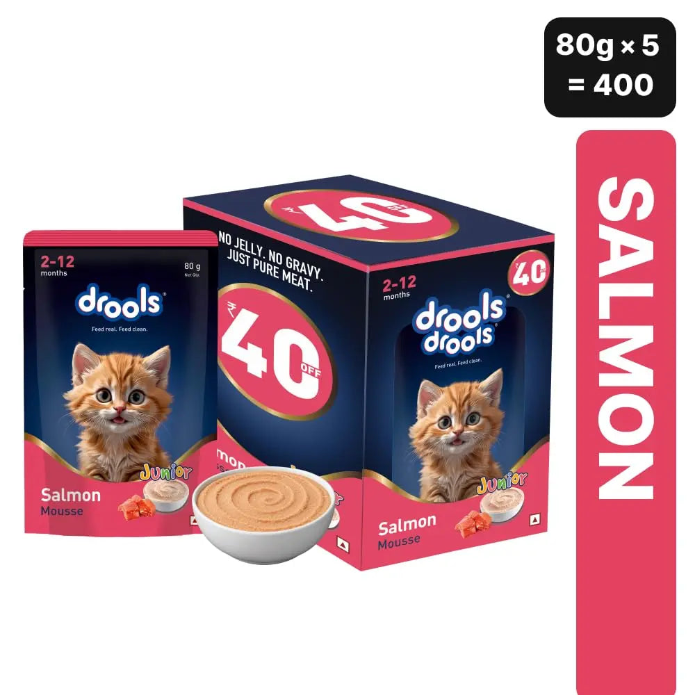 Drools Kitten Wet Mousse 80g Pack of 5, Total 400g | Salmon Flavour | Rich in Protein | Promotes Hydration & Easy to Digest | Packed with Essential Vitamins & Antioxidants Drools